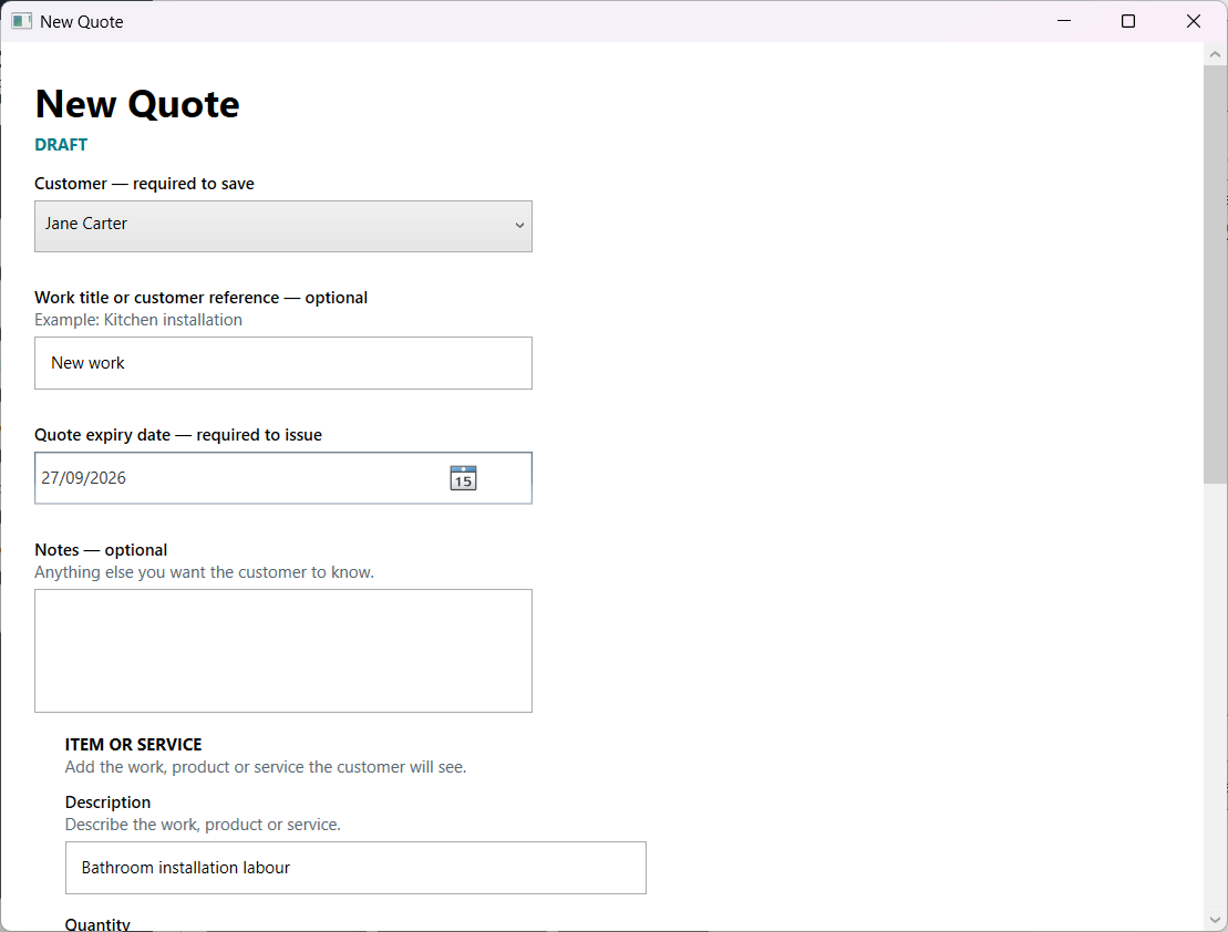 Issue and download a quote screenshot 2