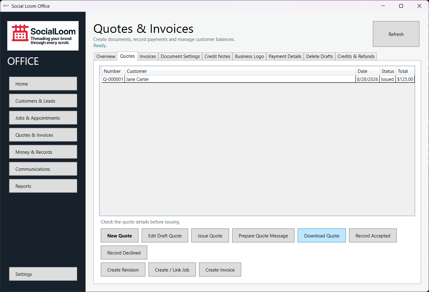 Issue and download a quote screenshot 1